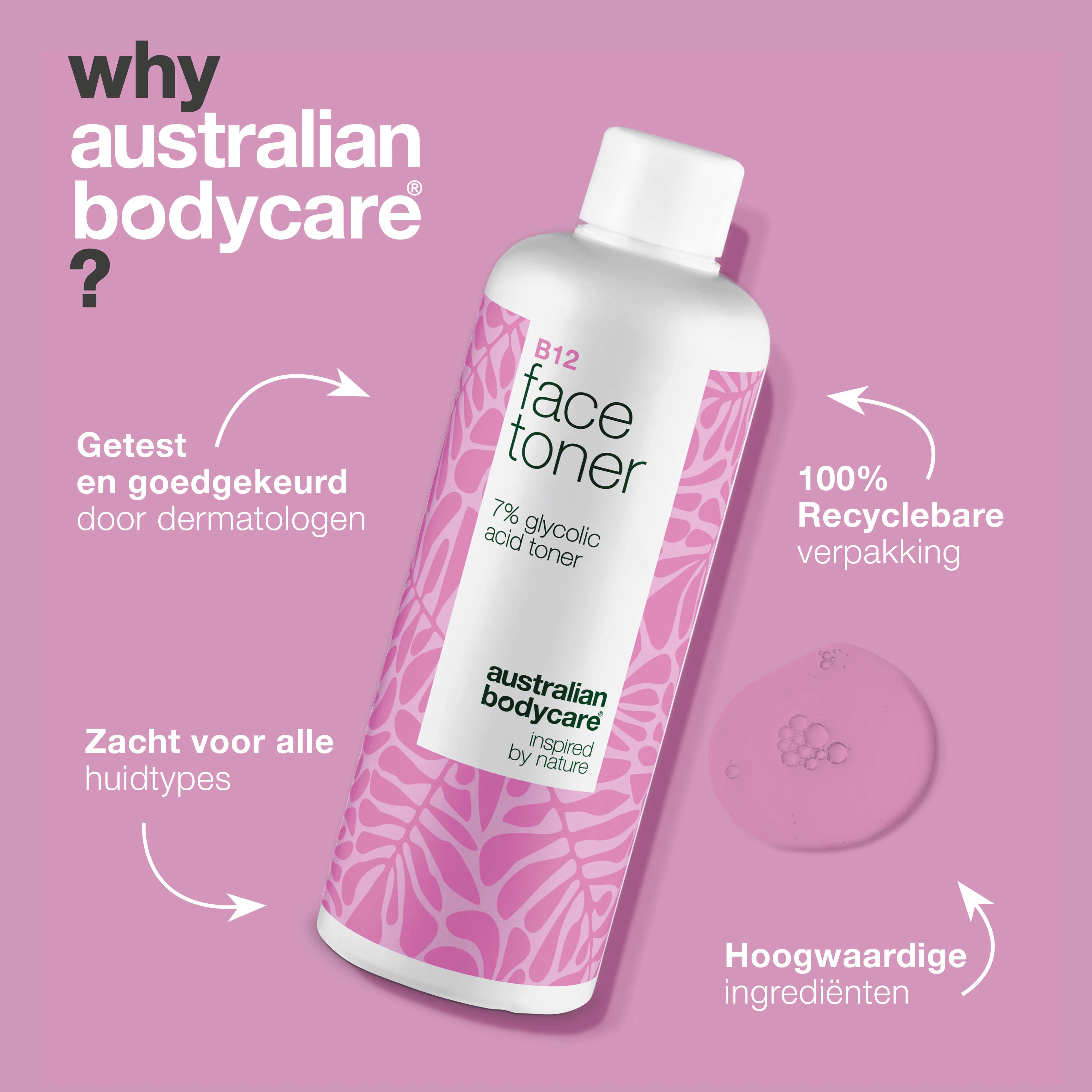Gezichtstoner met B12 en 7% Glycolic Acid voor gladde huid — Exfoliërende toner met B12 en 7% Glycolic Acid. Geeft een gladde, frisse teint en stimuleert de natuurlijke glans van de huid. - Image 4