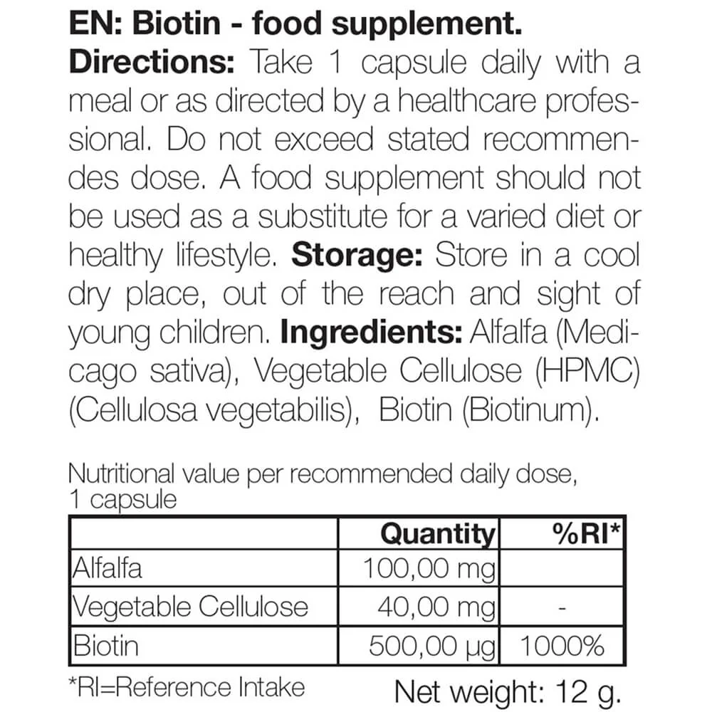 Biotine 500 µg – Dagelijks supplement met vitamine B7 – 90 stk. — Biotine 500 µg met vitamine B7 – voor dagelijks gebruik ter ondersteuning van huid, haar en slijmvliezen. Met biotine, alfalfa en cellulose. - Image 6